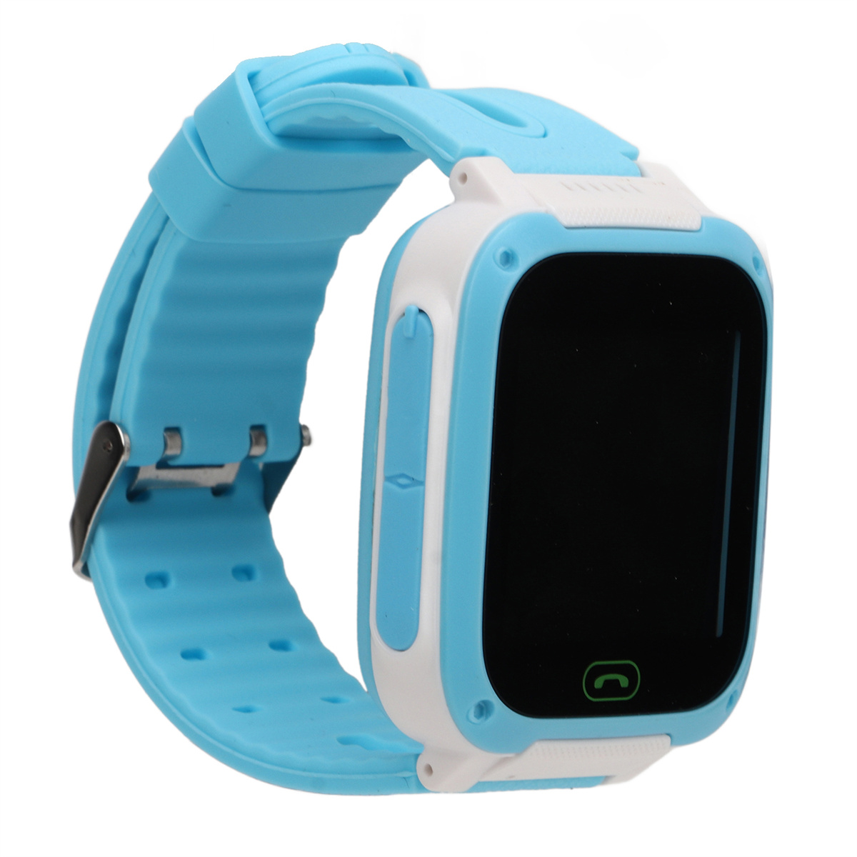 Eine blau-weiße Smartwatch mit blauem Armband. Der Bildschirm ist schwarz und zeigt ein Anrufsymbol.