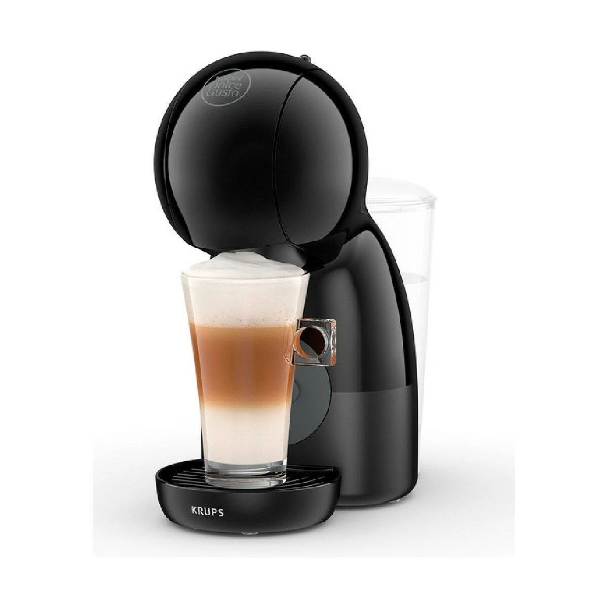 Macchina da caffè Dolce Gusto nera con un bicchiere di latte macchiato a strati.