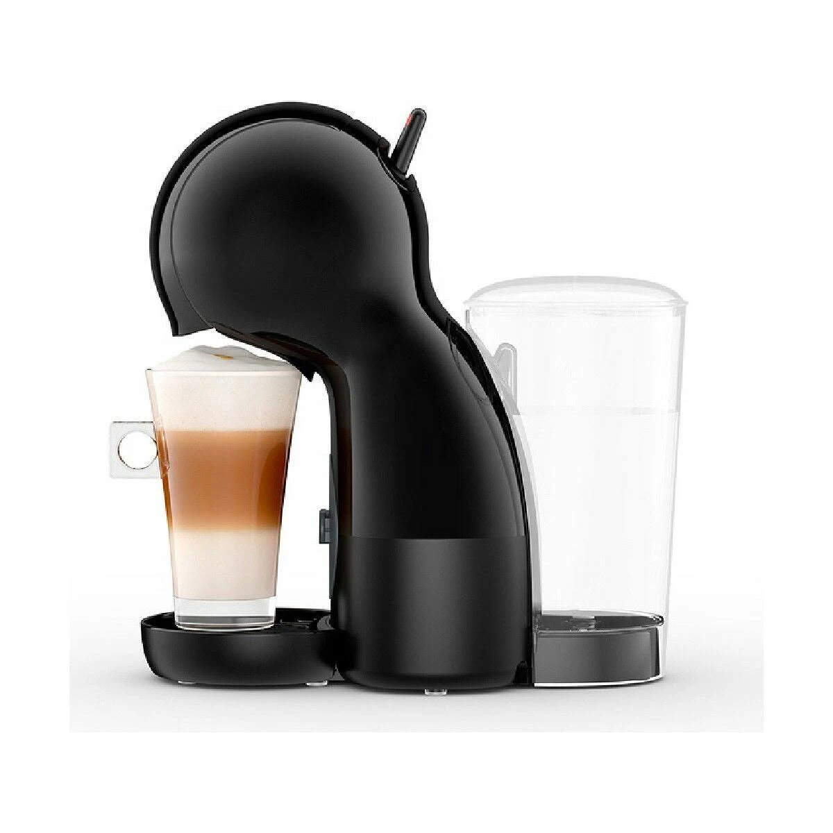 Una macchina da caffè nera con un bicchiere di latte e un contenitore per l'acqua.