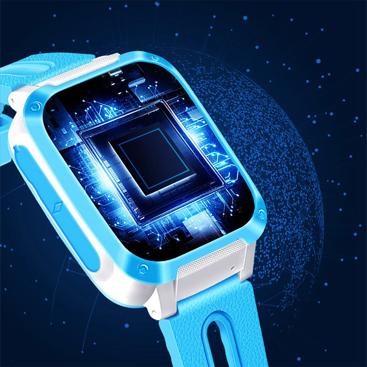 Blaue Smartwatch mit Bildschirm, der digitale Schaltkreise zeigt. Blauer Hintergrund mit Globus.