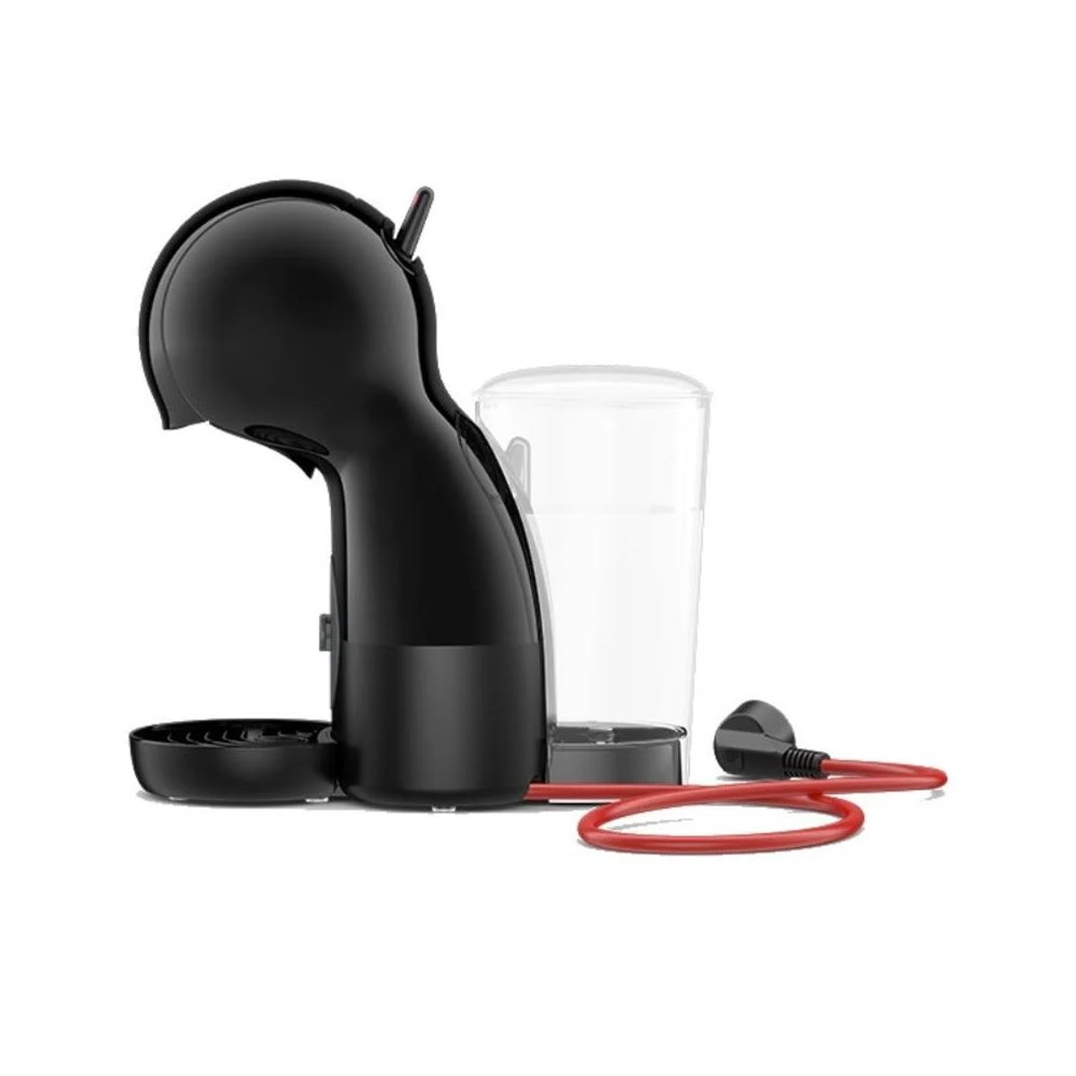 Macchina da caffè nera con serbatoio dell'acqua, supporto per tazze e accessori rossi.