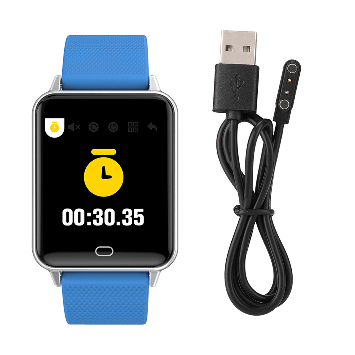 Smartwatch mit blauem Armband und Ladekabel.