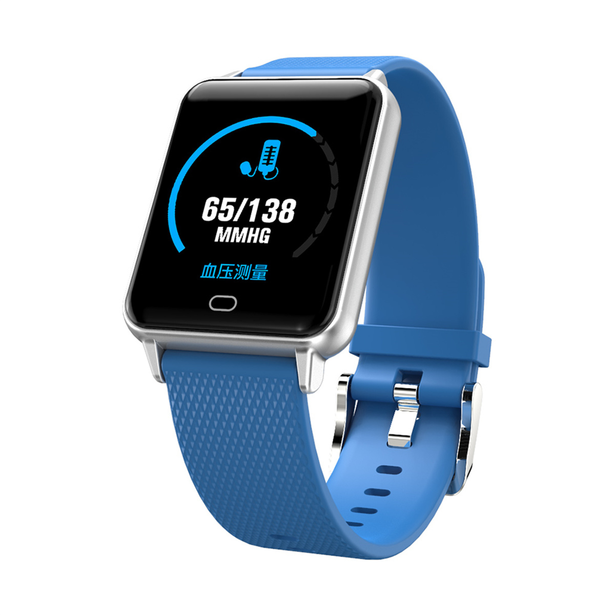 Eine blaue Smartwatch, die Blutdruckmesswerte und ein Mikrofonsymbol auf weißem Hintergrund anzeigt.