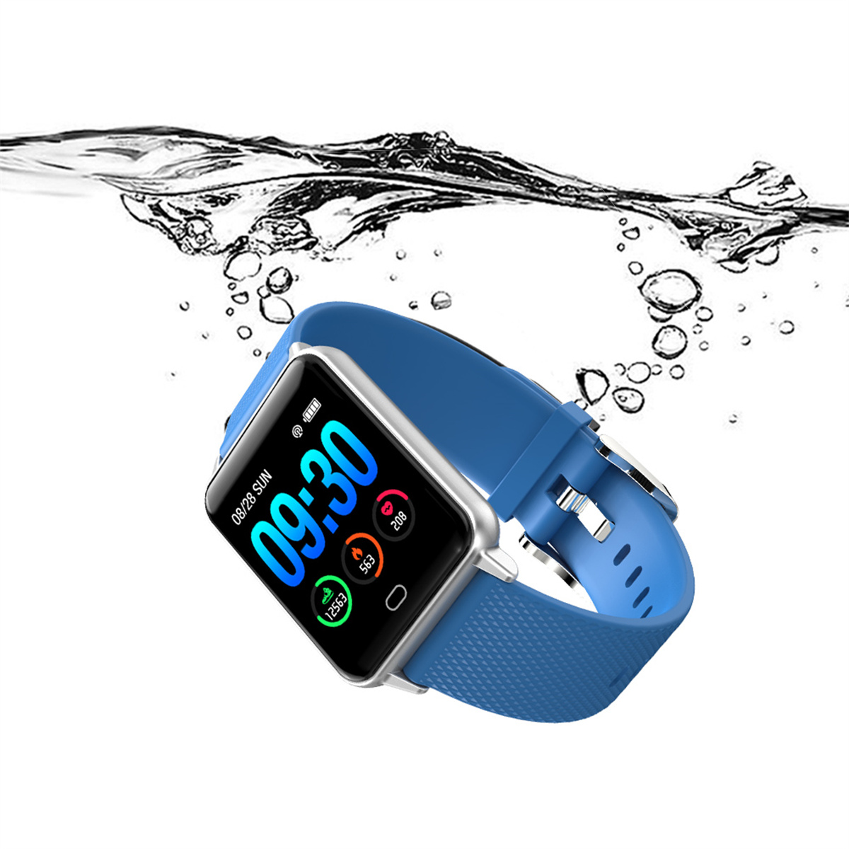 Blaue Smartwatch unter Wasser, mit Digitalanzeige für Zeit und Gesundheitsmetriken.
