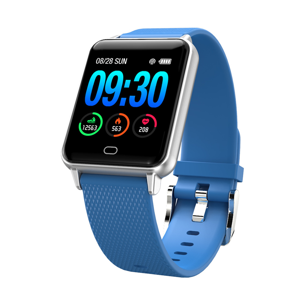 Smartwatch mit blauem Armband. Zeigt Uhrzeit, Datum, Schritte, Herzfrequenz und Kalorien.