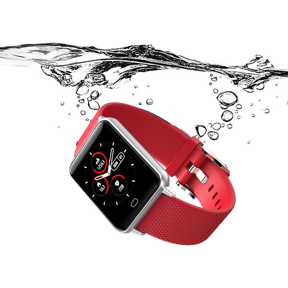Rote Smartwatch unter Wasser. Wassertröpfchen um eine rote Uhr mit schwarzem Bildschirm. Die Uhr ist an.