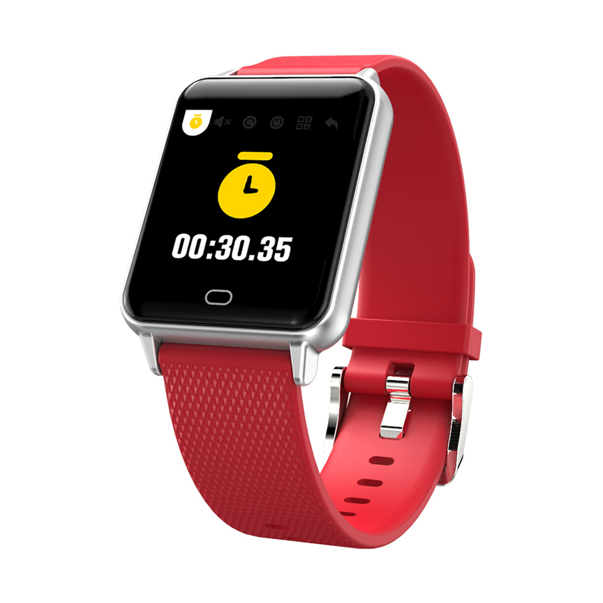 Eine rote Smartwatch mit schwarzem Bildschirm, der einen Timer mit gelbem Symbol und rotem Armband zeigt.