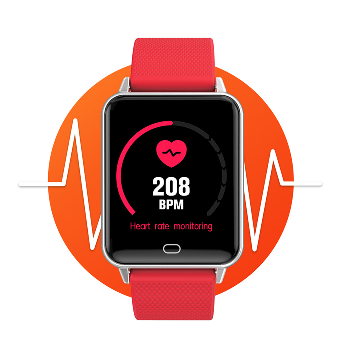 Smartwatch mit rotem Armband, zeigt Herzfrequenz. Ein roter Kreis und Herzsymbol in der Mitte.