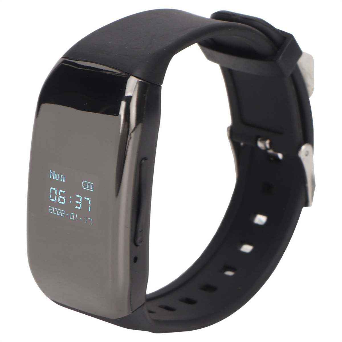 Schwarze Smartwatch am Handgelenk. Das Display zeigt Uhrzeit und Datum.