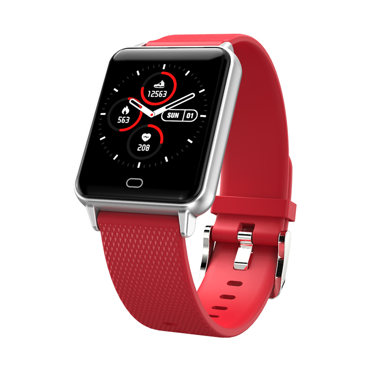 Rote Smartwatch mit schwarzem Bildschirm, der Statistiken und Symbole anzeigt.