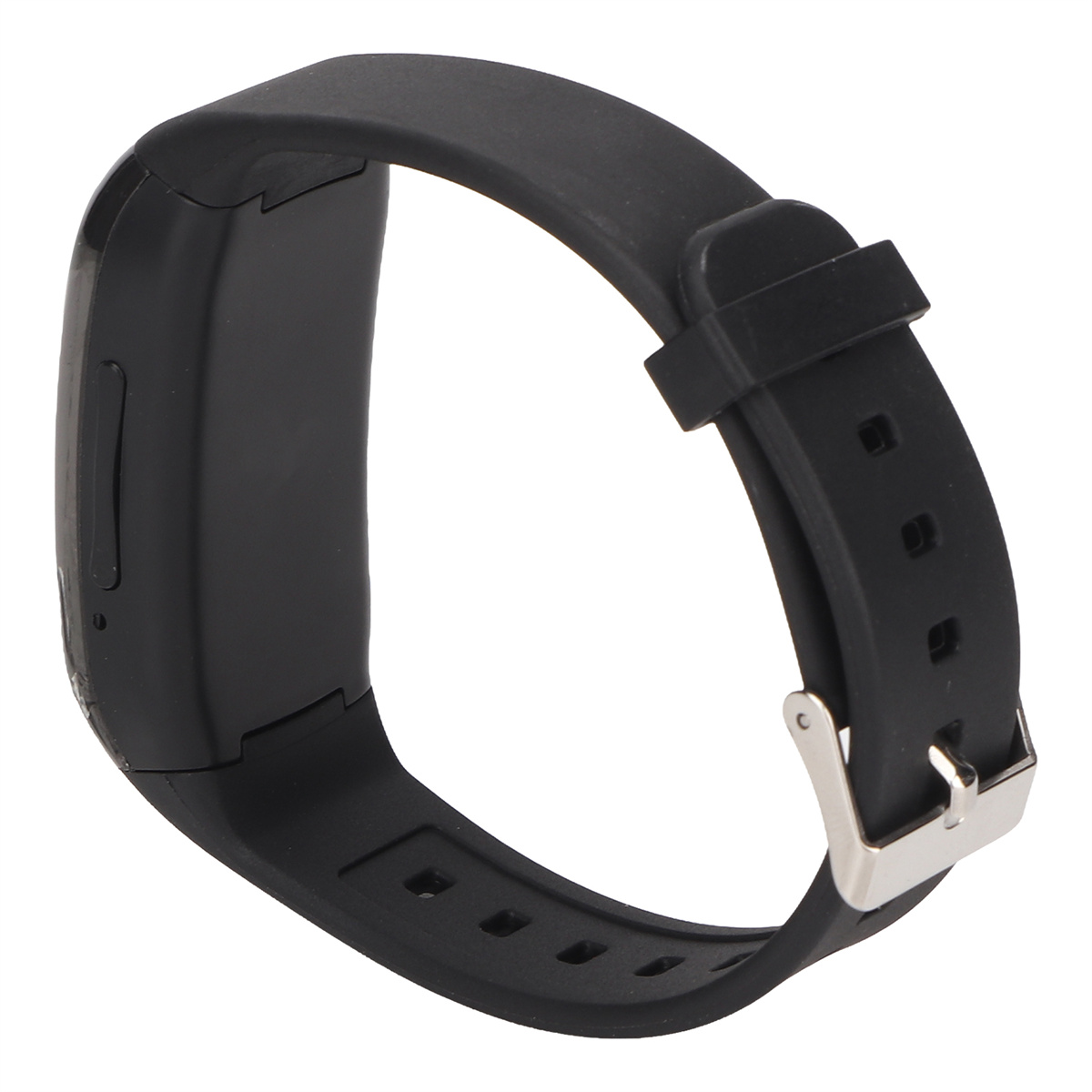 Eine schwarze Smartwatch mit schwarzem Armband und silberner Schnalle auf weißem Hintergrund.