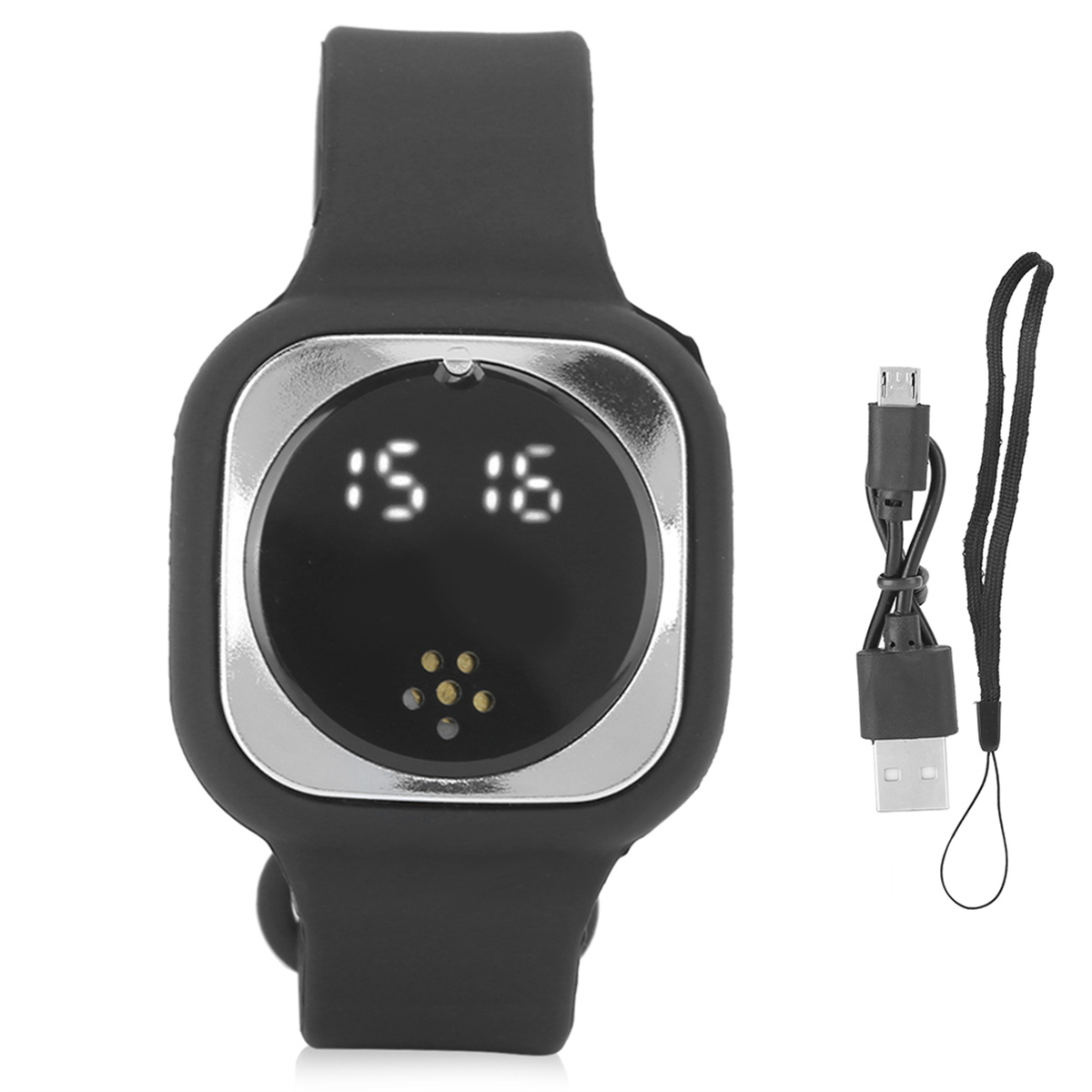 Schwarze Smartwatch. Anzeige zeigt die Uhrzeit. Schwarzes Armband. Ladekabel und schwarzes Armband daneben.