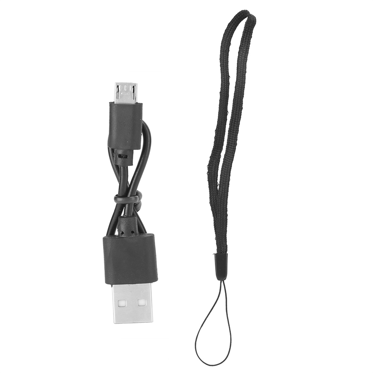 Schwarzes USB-Ladekabel und schwarzer Handgelenkriemen auf weißem Hintergrund. Isoliert.