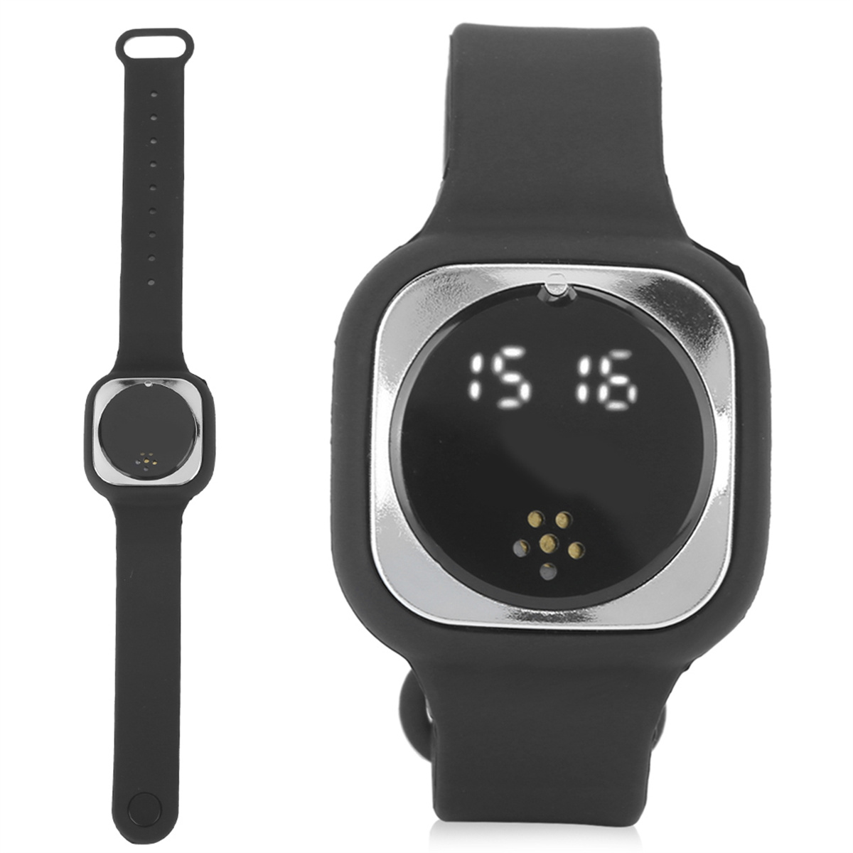 Zwei schwarze Smartwatches mit schlichtem Design, die rechte zeigt die Uhrzeit 15:16.