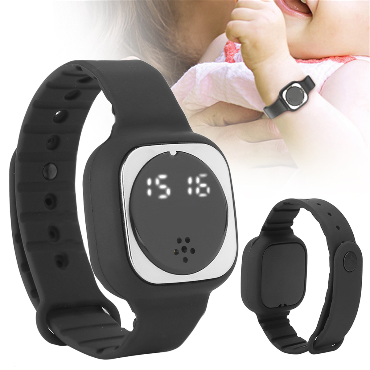 Zwei schwarze tragbare Babyphone, eines am Handgelenk, ein anderes im Hintergrund.