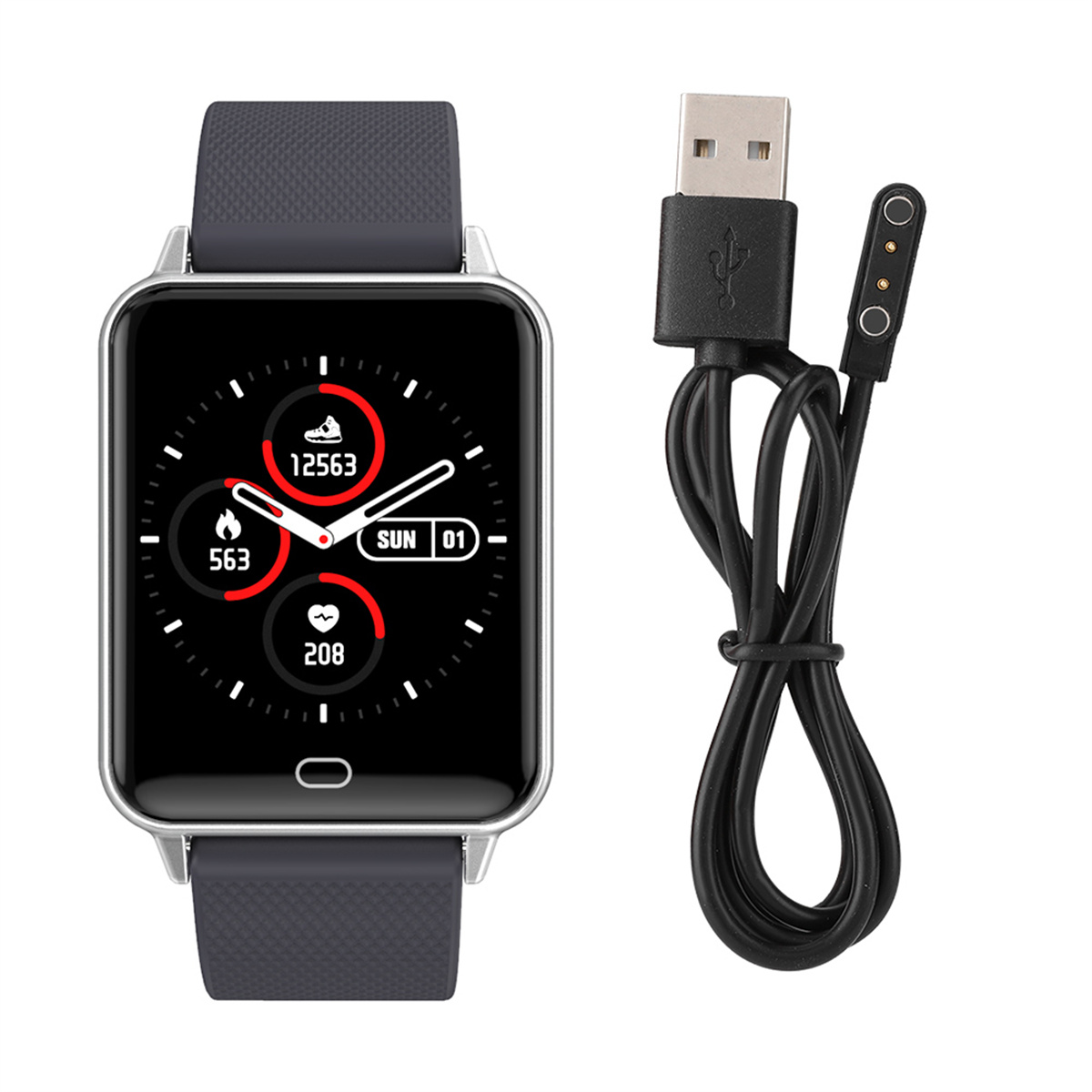 Smartwatch mit Ladekabel.