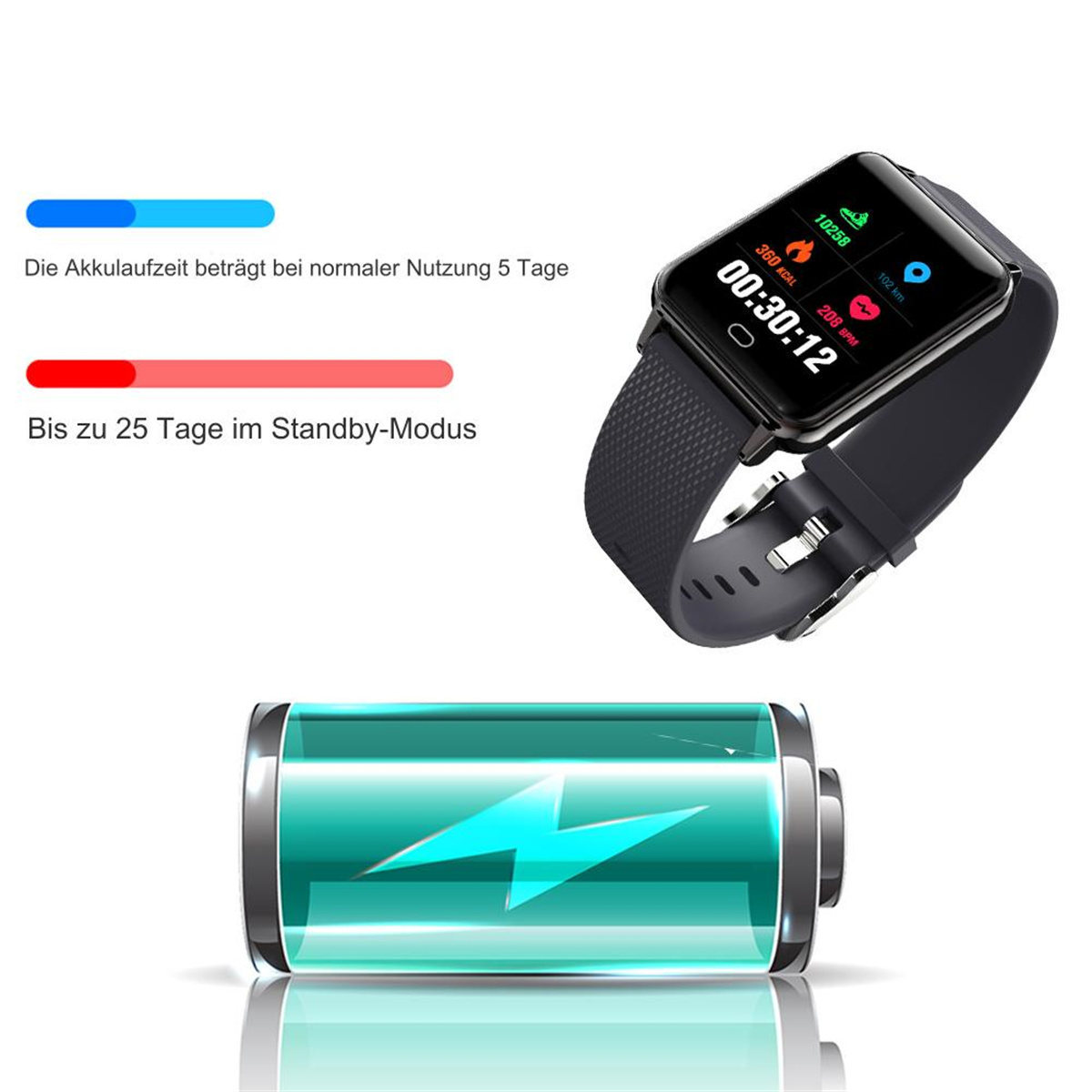Eine schwarze Smartwatch mit Display, das Gesundheitsmetriken und Akkulaufzeit anzeigt.