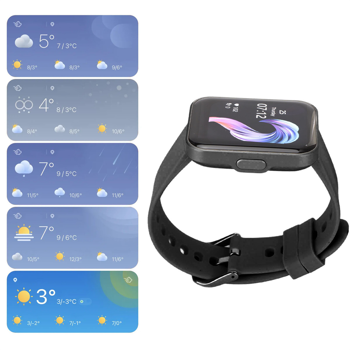 Schwarze Smartwatch mit Wetterinformationen auf dem Bildschirm und Wettersymbolen. Wetteranzeigen und ein schwarzes Armband.
