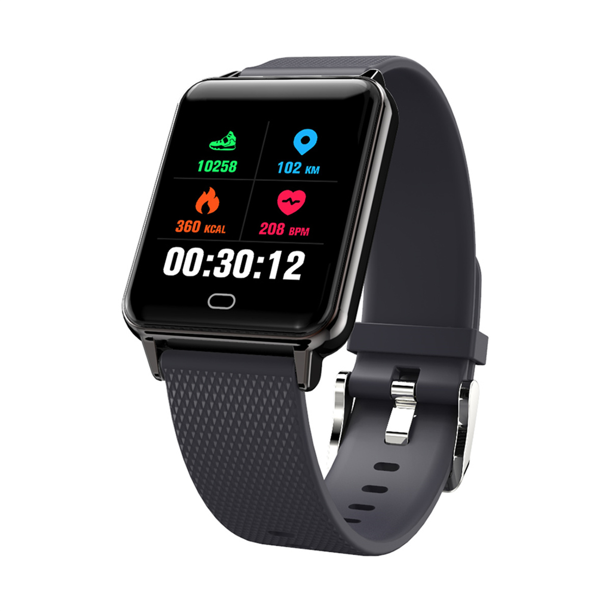 Schwarze Smartwatch mit schwarzem Armband, zeigt Fitnessdaten: Schritte, Distanz, Kalorien und Herzfrequenz.