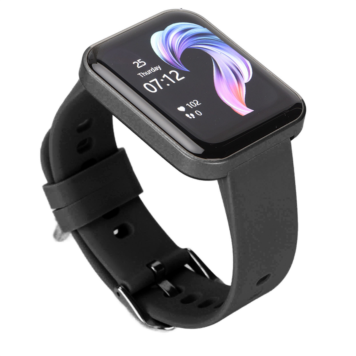 Eine schwarze Smartwatch mit quadratischem Bildschirm, der Zeit und Gesundheitsmetriken anzeigt, an einem schwarzen Armband.