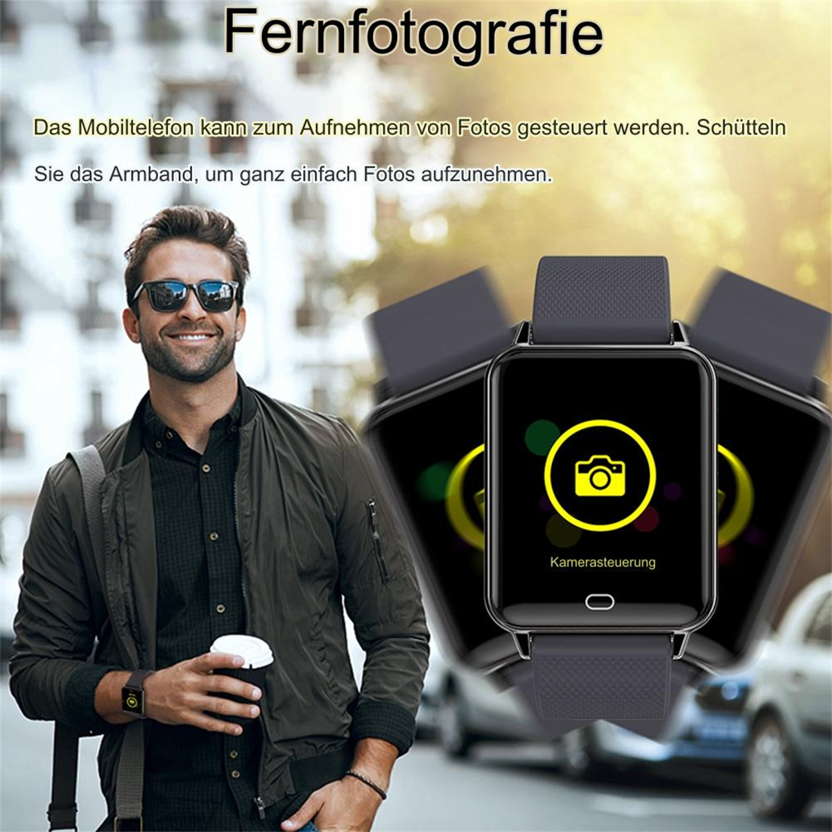 Mann mit Sonnenbrille und Jacke hält einen Becher, mit Smartwatches und Text zur Fotokontrolle.