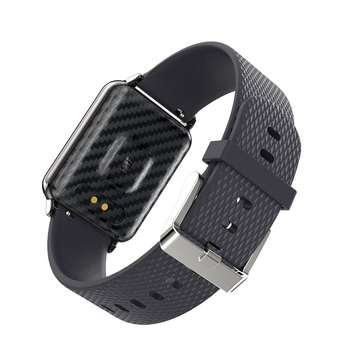Eine schwarze Smartwatch mit Karbonfaserdesign auf der Rückseite, auf weißer Oberfläche.