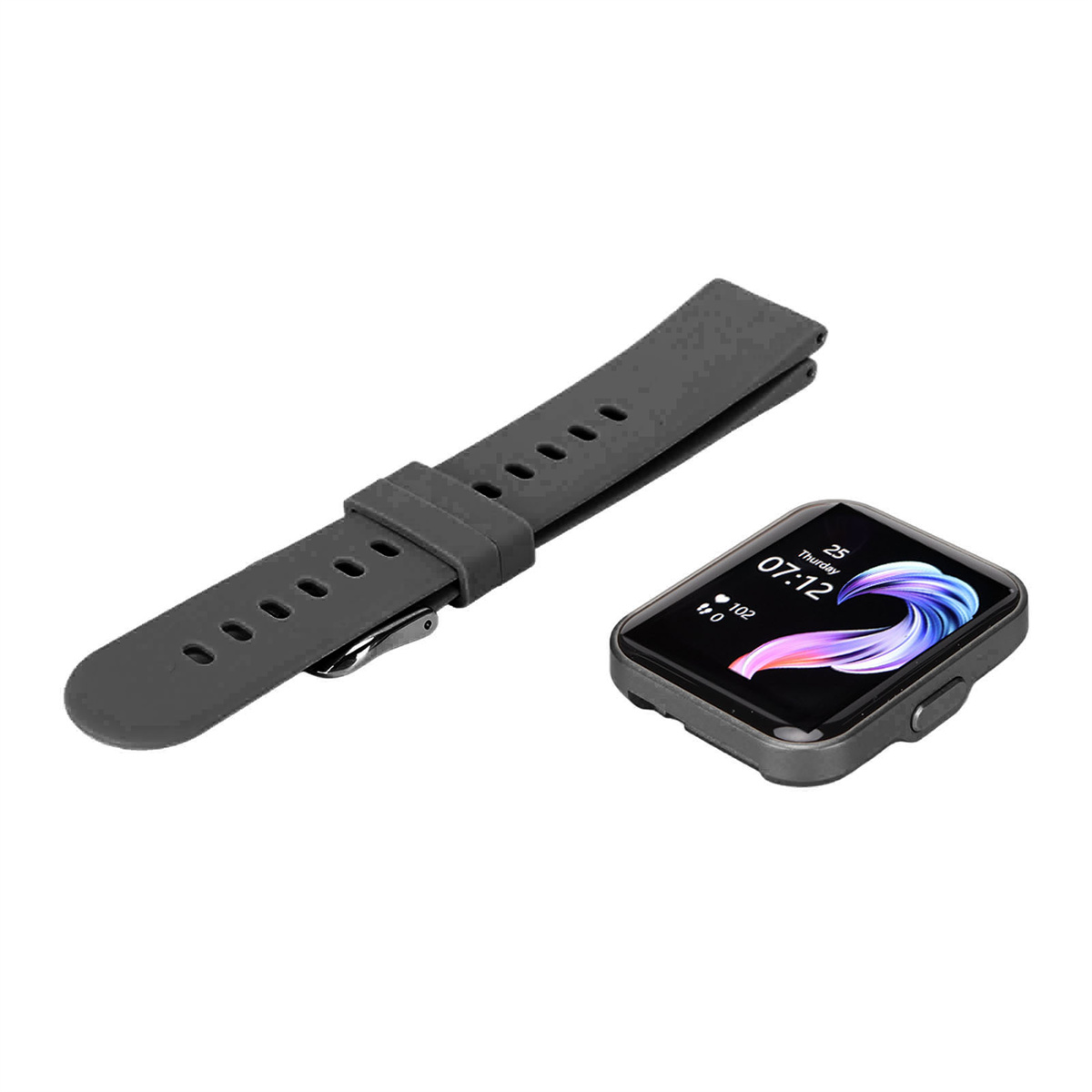Ein graues Uhrenarmband und eine Smartwatch. Das Armband hat Löcher. Die Smartwatch ist schwarz mit einem Bildschirm. Weißer Hintergrund.