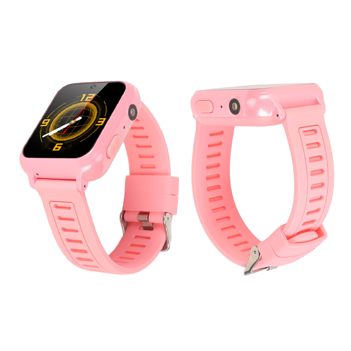 Zwei rosa Smartwatches. Eine zeigt die Uhrzeit, die andere hat einen Knopf und eine Kamera.