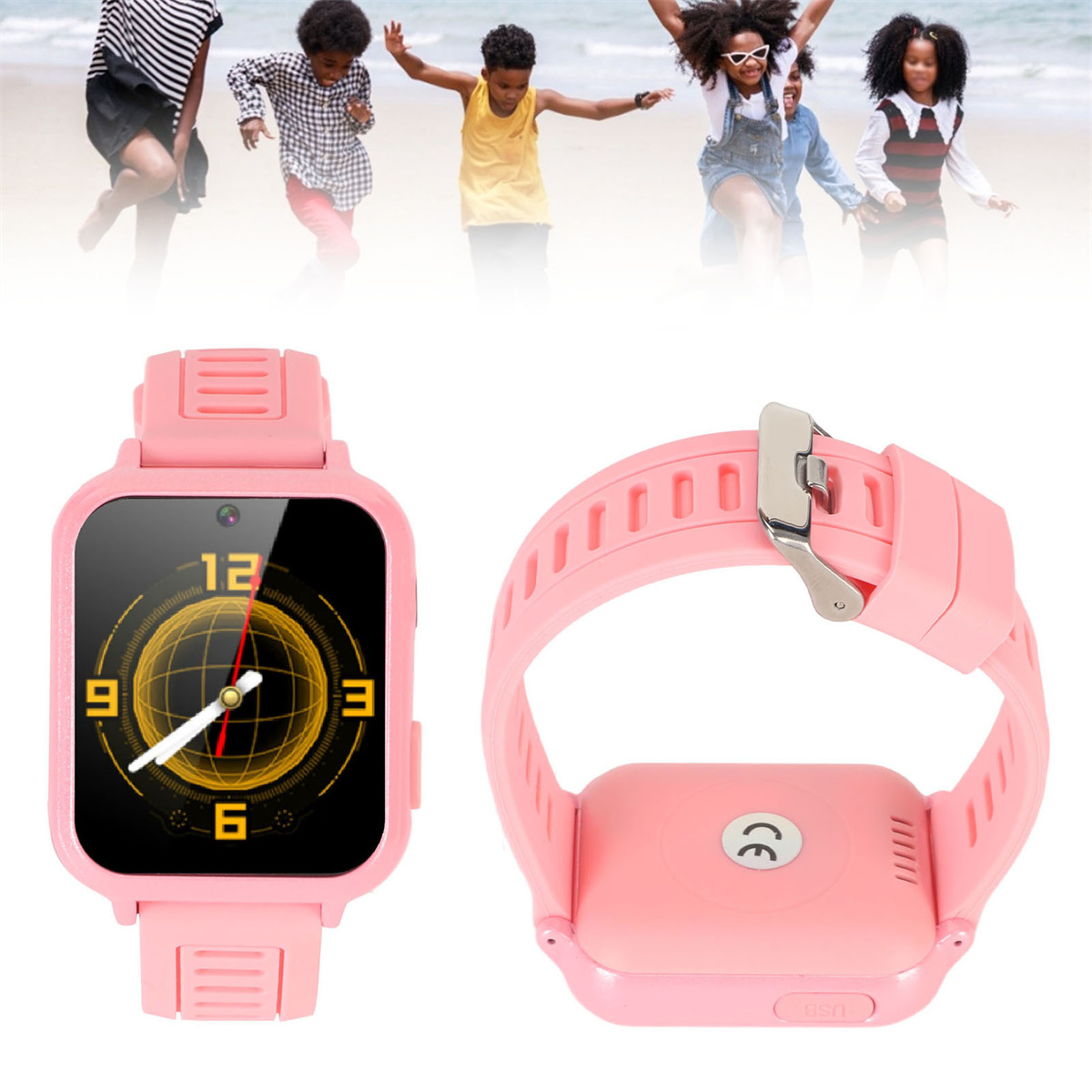 Zwei rosa Smartwatches. Eine zeigt die Uhrzeit, die andere die Rückseite der Uhr.
