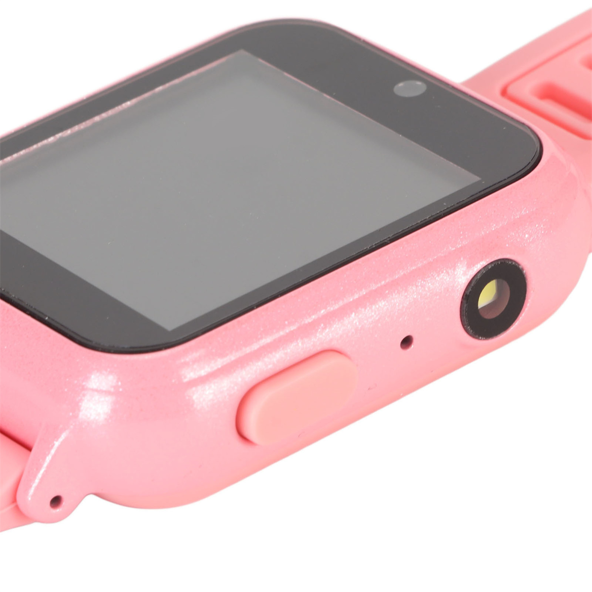 Nahaufnahme einer rosa Smartwatch mit schwarzem Bildschirm und Kamera.