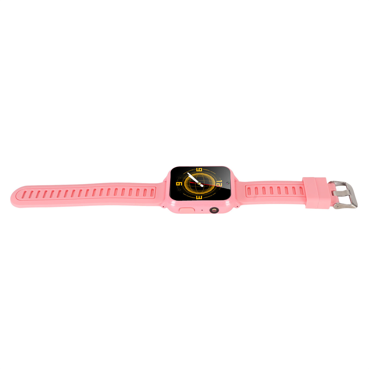 Rosa Smartwatch mit rosa Armband. Das Zifferblatt zeigt eine Digitaluhr mit Zahlen.