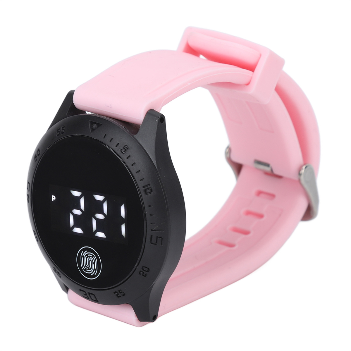 Pinke Smartwatch mit rundem schwarzen Bildschirm, der die Uhrzeit anzeigt. Inklusive pinkfarbenem Armband.