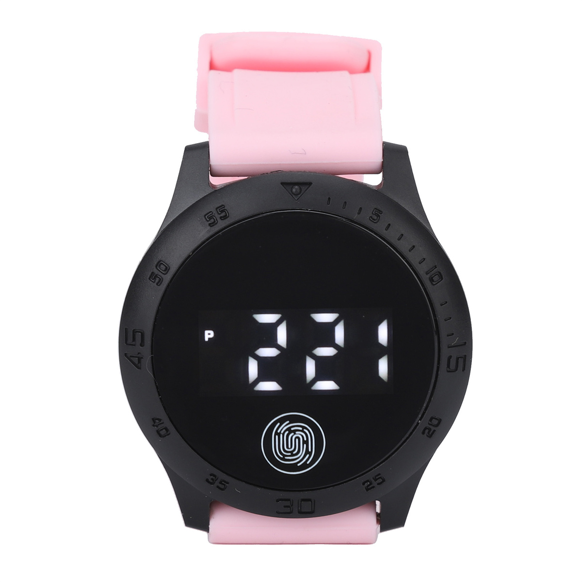 Schwarze Digitaluhr mit pinkfarbenem Armband, zeigt die Uhrzeit 2:21 und ein Fingerabdrucksymbol.