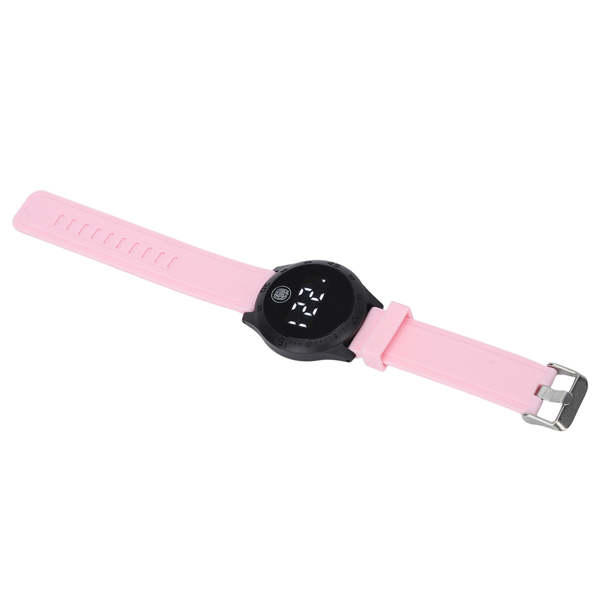 Eine rosa Smartwatch mit schwarzem Display und Armband. Die Zeit '22' wird angezeigt.