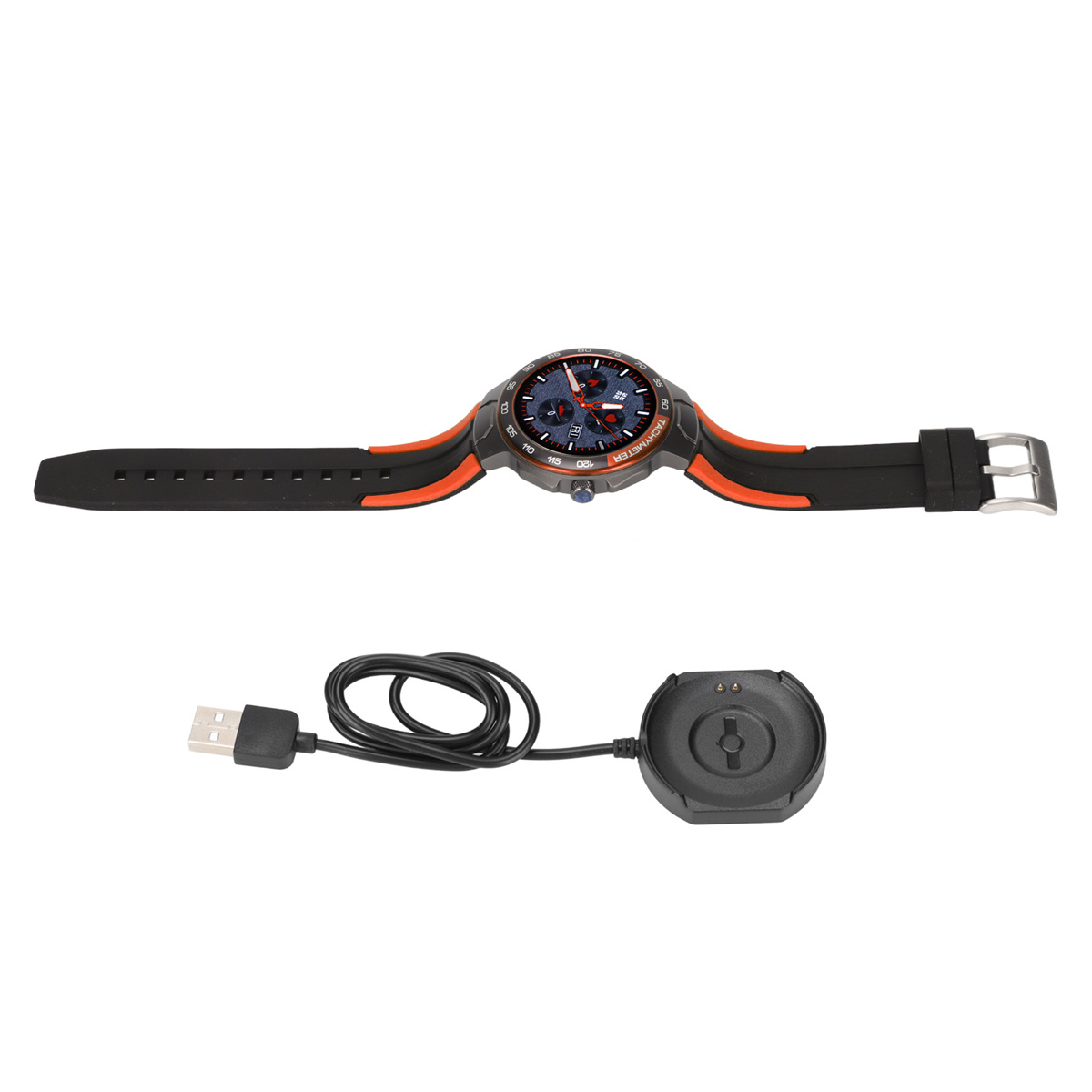 Schwarze und orangefarbene Smartwatch mit Armband und Ladegerät. Weißer Hintergrund.