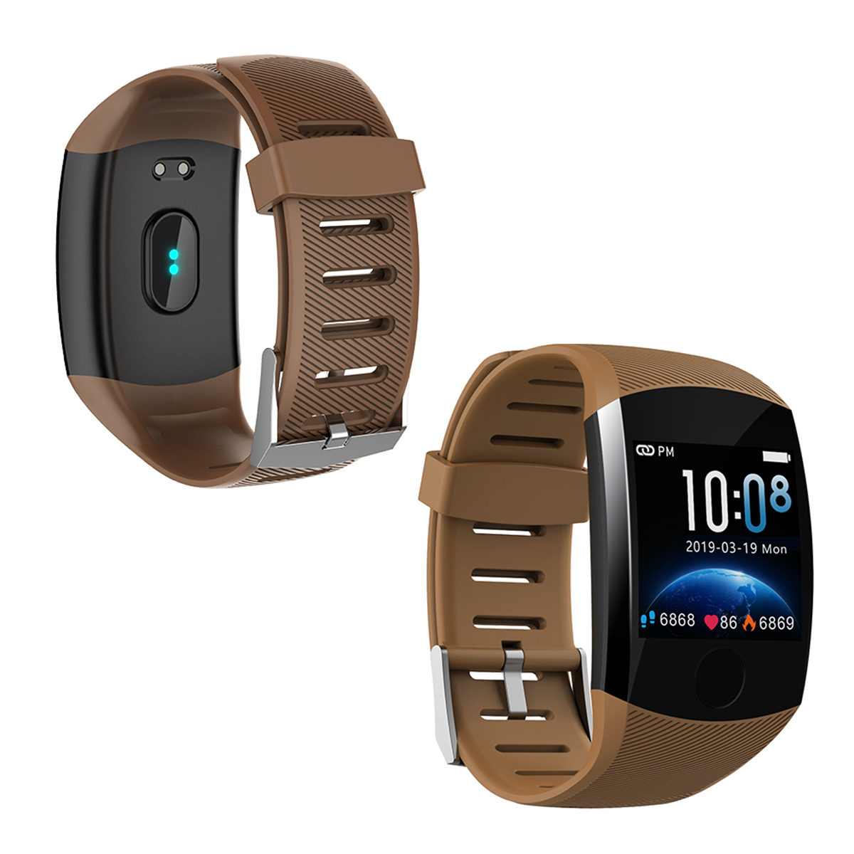 Zwei braune Smartwatches, eine zeigt Zeit und Statistiken, die andere einen schwarzen Bildschirm.