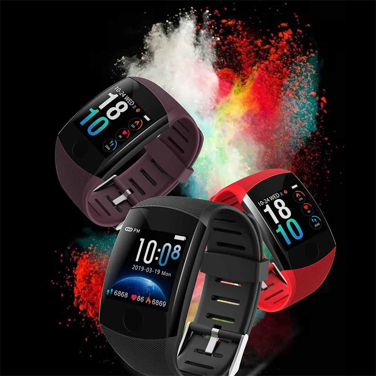 Smartwatches, schwarz, weinrot und rot, zeigen Uhrzeit und Daten an.