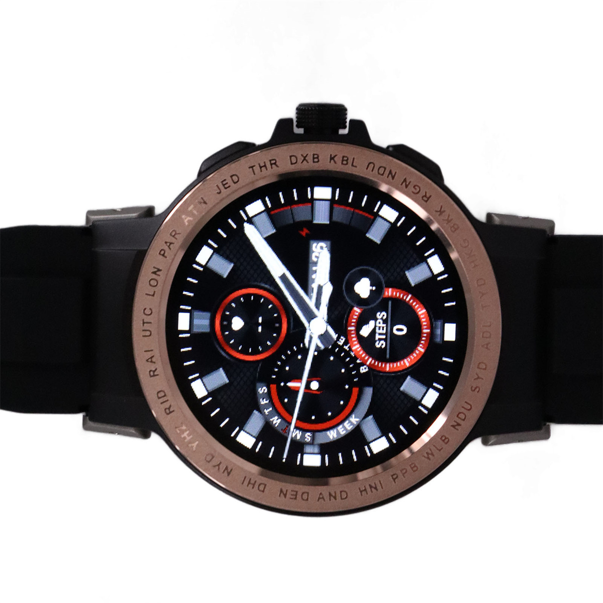 Eine schwarze Smartwatch. Sie hat ein rundes Zifferblatt mit mehreren Anzeigen.