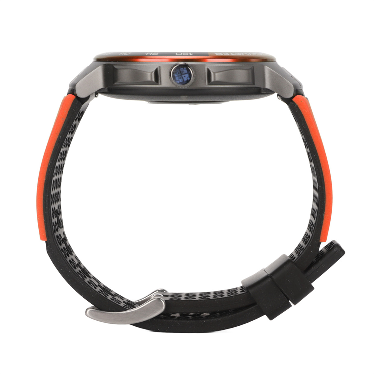 Seitenansicht einer Uhr mit schwarzem und orangefarbenem Armband. Graue Lünette.