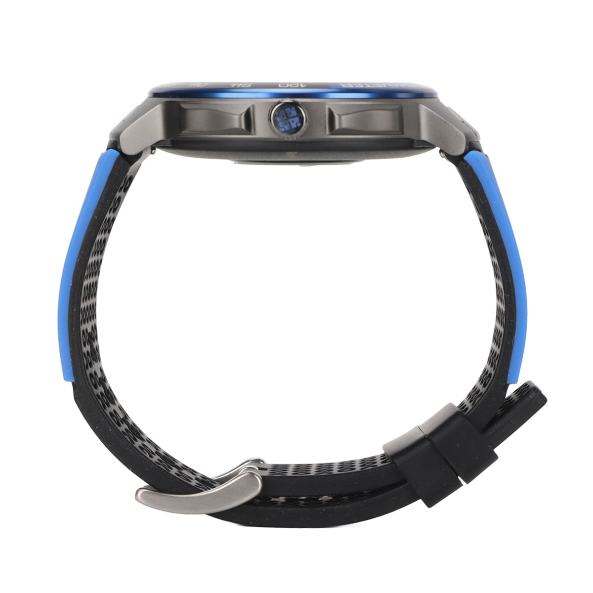 Seitenansicht einer Armbanduhr mit blauem Zifferblatt, schwarzem Armband und Metallschnalle.