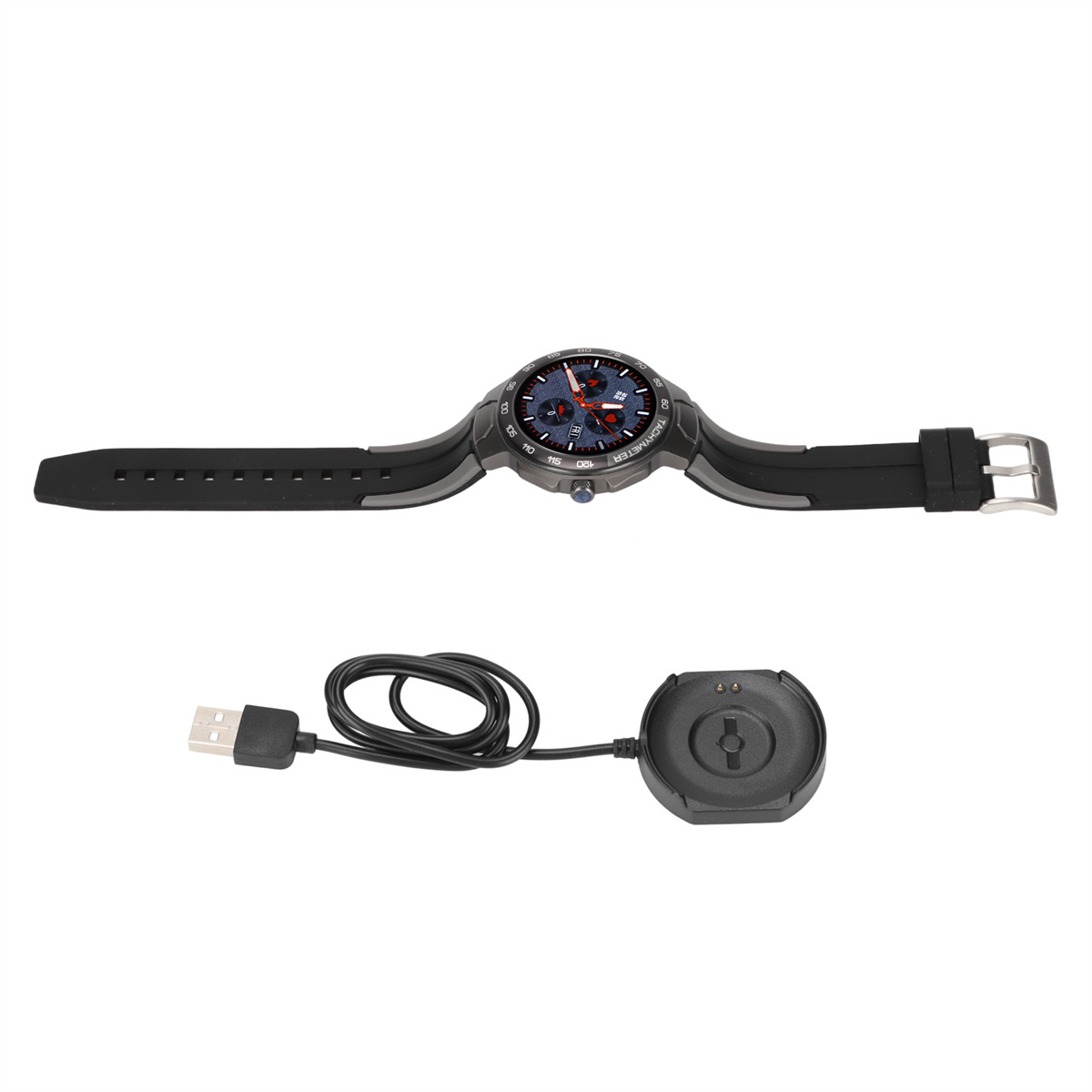 Schwarze Smartwatch mit schwarzem Armband und Ladestation, die mit einem USB-Kabel verbunden ist.