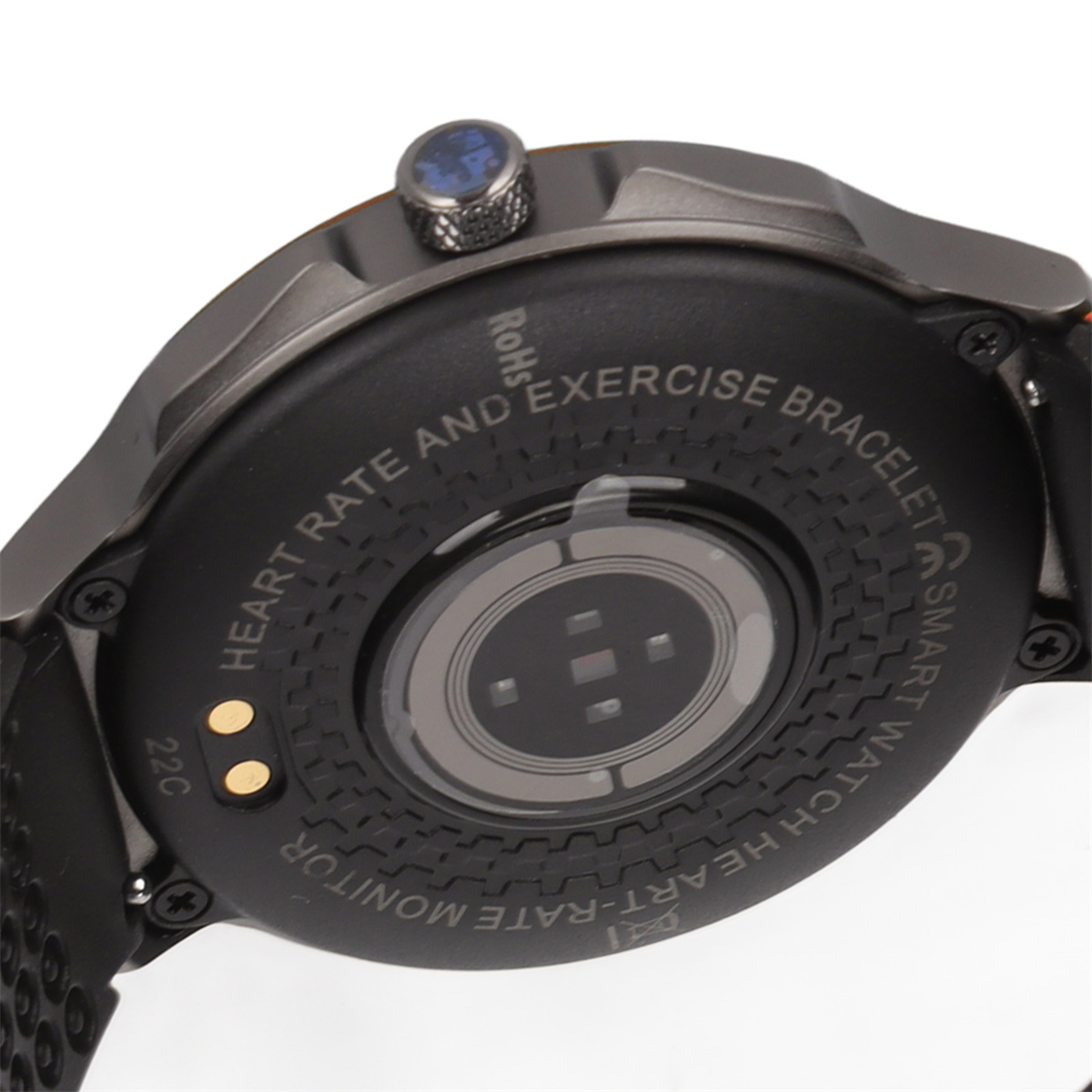 Eine schwarze Smartwatch mit Informationen zu Herzfrequenz und Training auf der Rückseite.