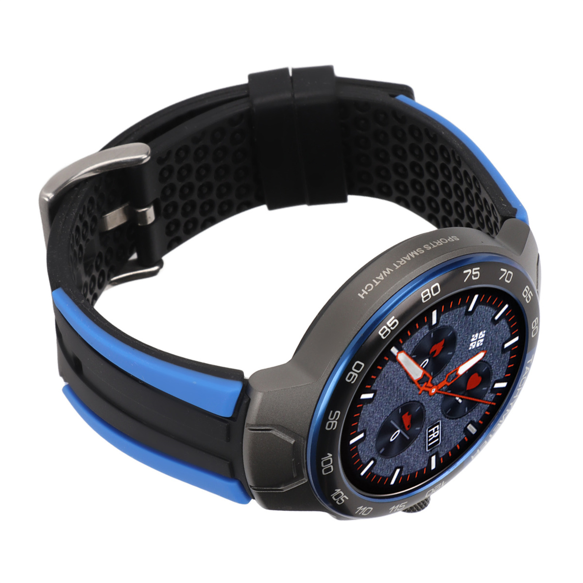 Eine Smartwatch mit schwarzem Armband und blauen Akzenten, das Zifferblatt ist sichtbar.