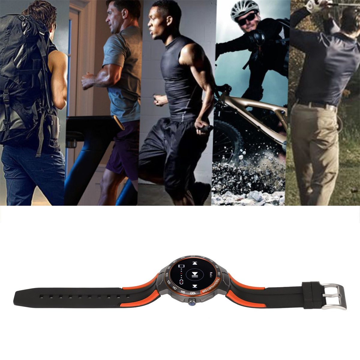 Eine Smartwatch und Bilder von Personen, die Aktivitäten wie Laufen, Radfahren und Golfen ausüben. Die Uhr hat ein schwarzes Armband.