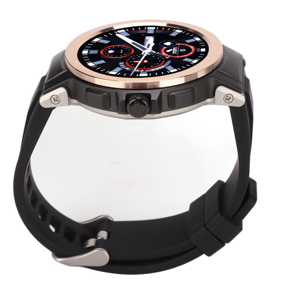 Schwarze Smartwatch mit goldener Lünette und schwarzem Armband, Seitenansicht.