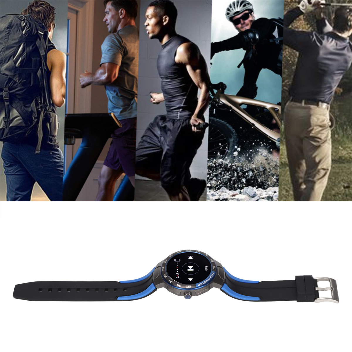 Eine Smartwatch mit verschiedenen Aktivitätssymbolen, mit Menschen, die verschiedene Sportarten ausüben.