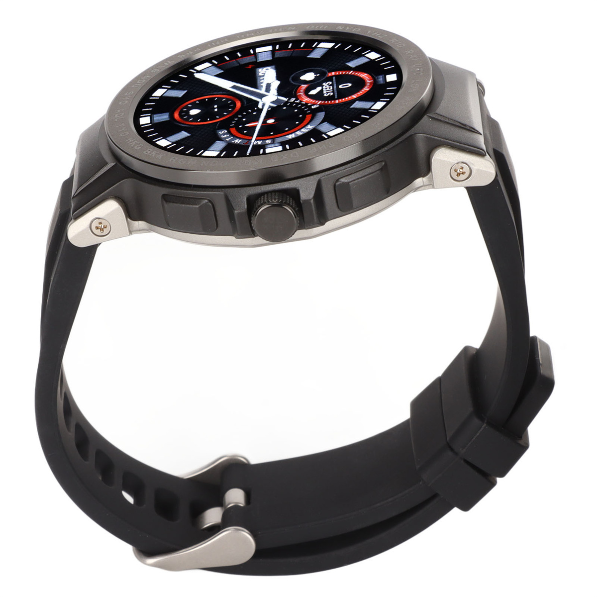 Smartwatch mit schwarzem Armband, Metallgehäuse und schwarz-rotem Display.