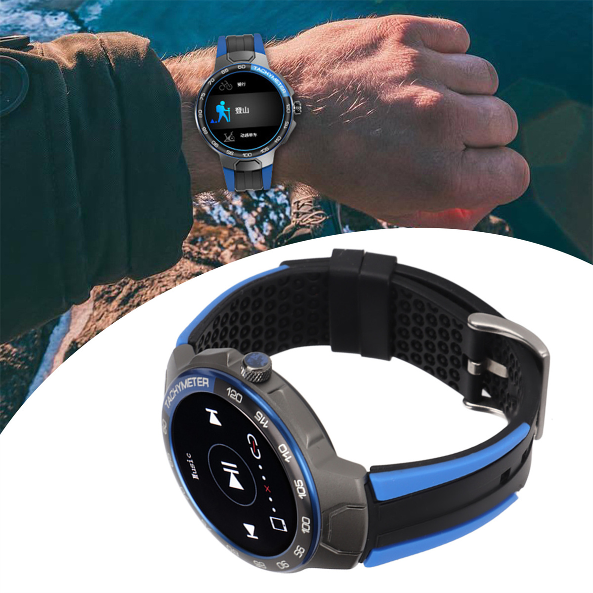 Smartwatch am Handgelenk, schwarz und blau, zeigt Zeit und Aktivitätsstatistiken. Zweite Uhr darunter.