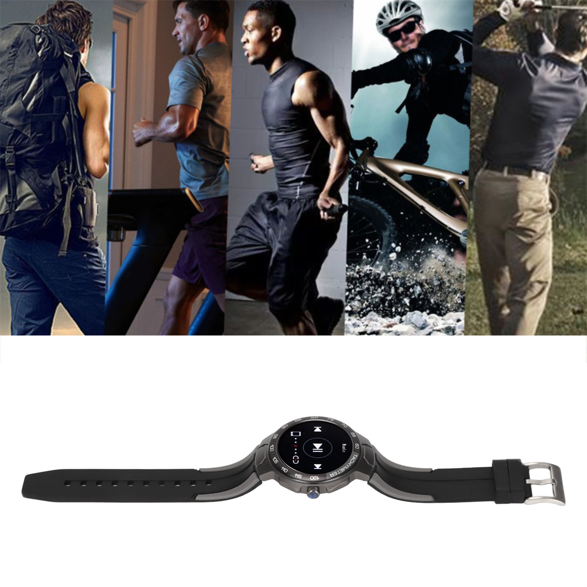 Eine Smartwatch und Bilder von Menschen, die laufen, Rad fahren und Golf spielen, werden gezeigt.