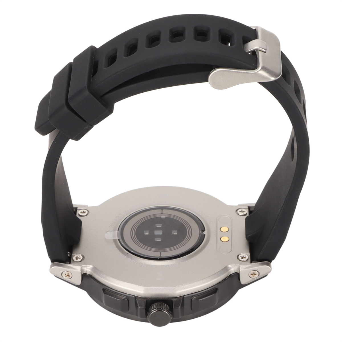 Eine schwarze Smartwatch, Unteransicht, mit der Rückseite der Uhr und einem schwarzen Armband.